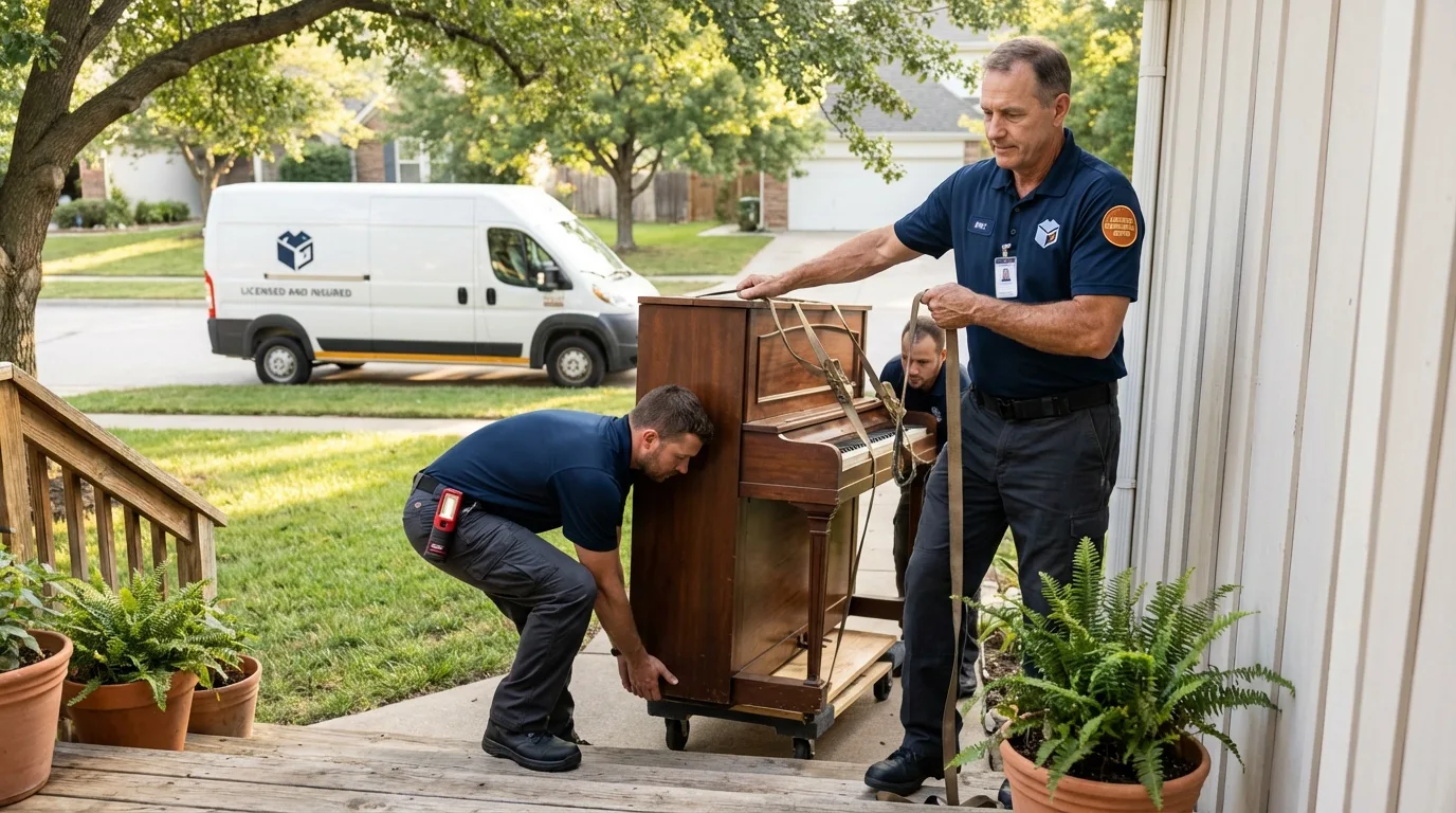 Licensed piano movers securing grand piano in Poultney, VT