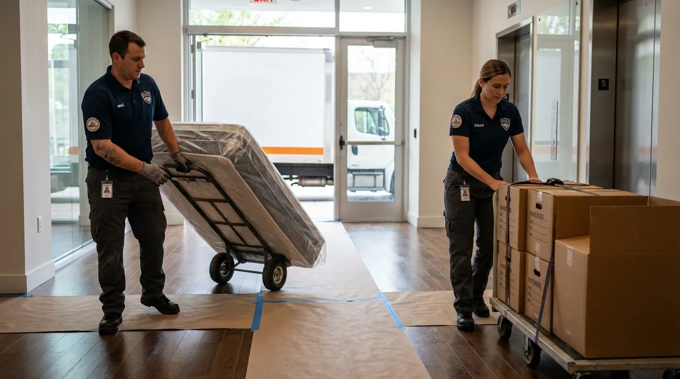 Professional apartment movers loading elevator in Poultney, VT