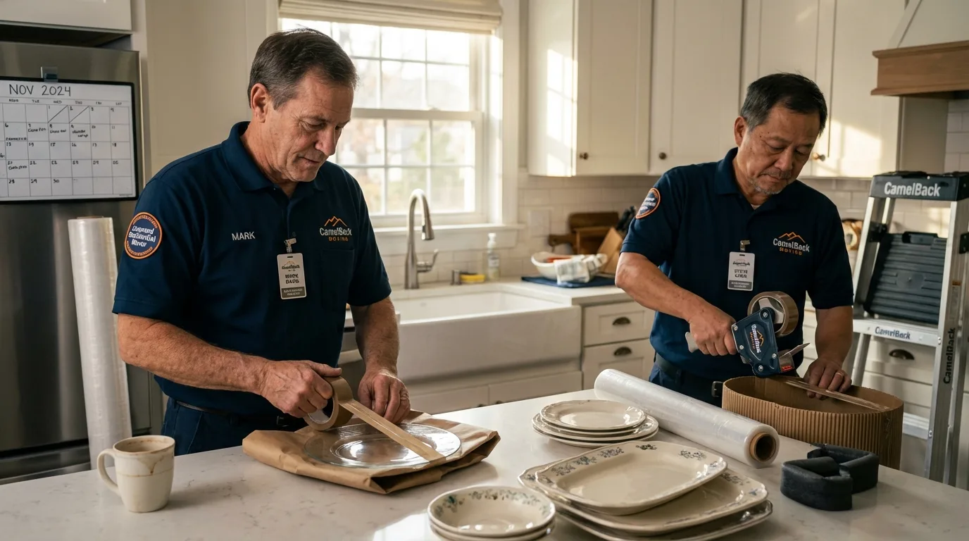 Professional crew packing kitchen dishware in Poultney, VT